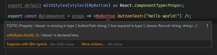 TS2741: Property 'classes' is missing in type '{buttonText: string}' but required in type '{ classes: Record<string, string>}'