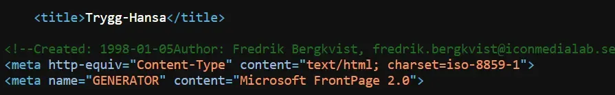 HTML comment in the source code naming Fredrik Bergqvist as the creator of the document